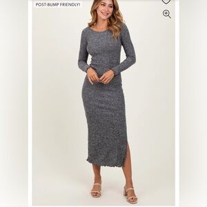 Charcoal Knit Side Slit Lettuce Trim Maxi Dress